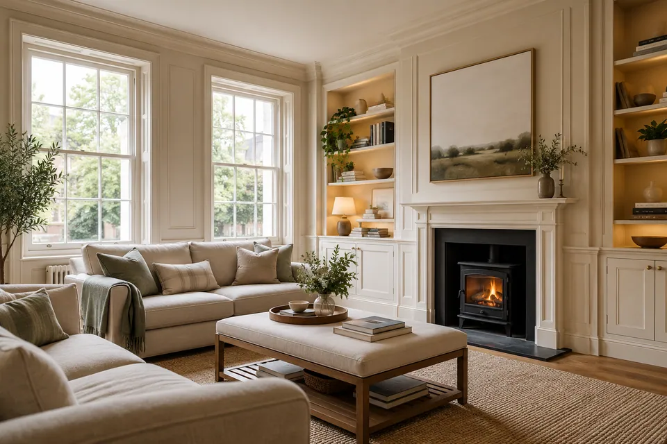 family room with timber sash and warm white panelling
