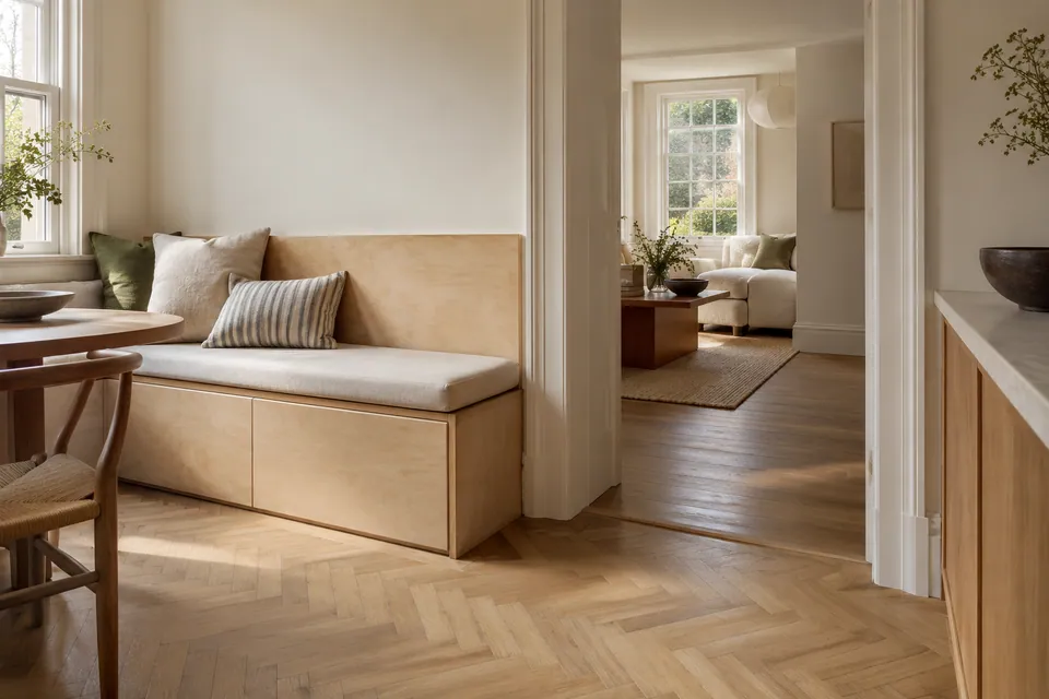 birch built-in bench and parquet transition