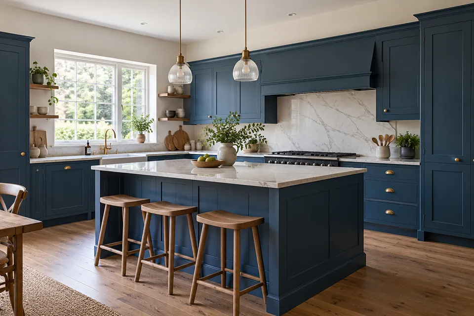 finished blue cabinetry kitchen