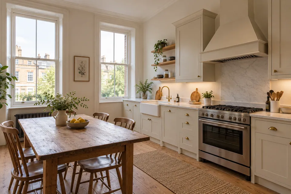 period flat kitchen with cream units and timber table