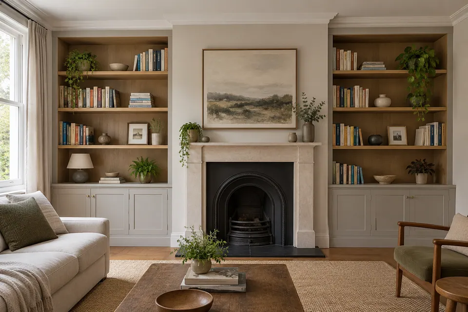 bespoke bookshelf around retained fireplace