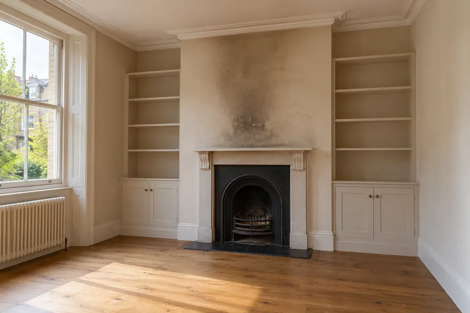 vacant room with soot staining above mantel