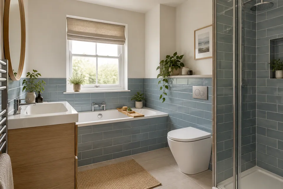 finished family bathroom with dusty blue tiles