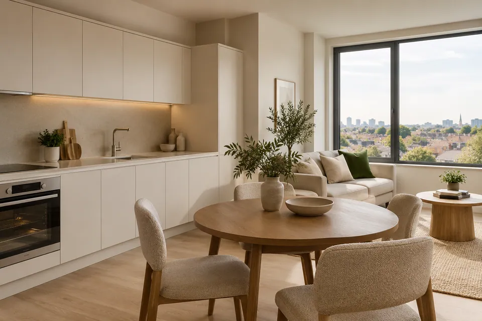 compact apartment with off-white kitchen and wide window