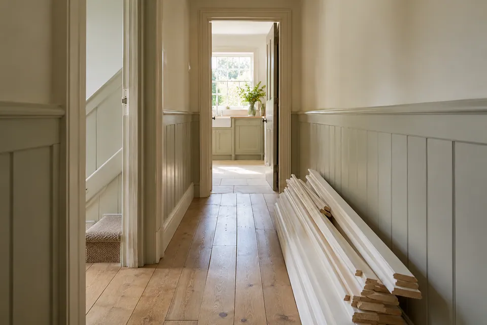 Narrow hallway with timber trim