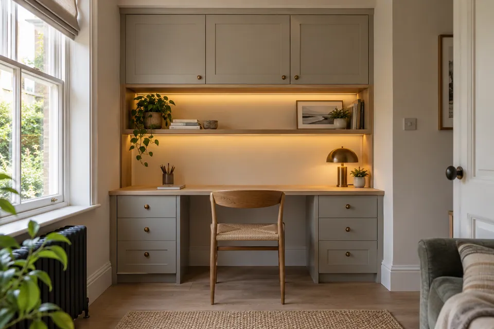 fitted desk and cupboards in shallow alcove