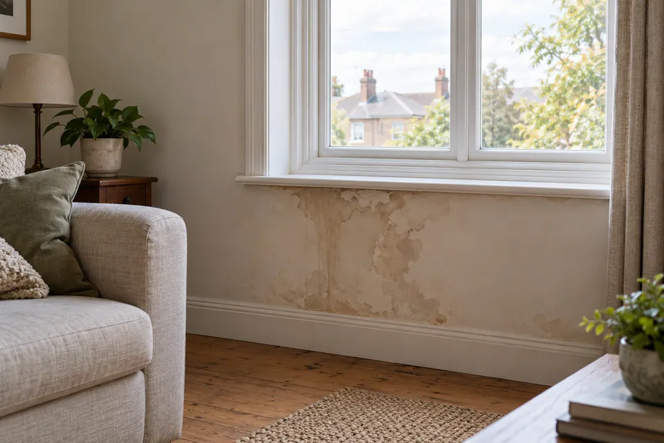 room with leak stain below window