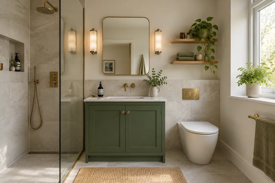 finished compact bathroom with green vanity