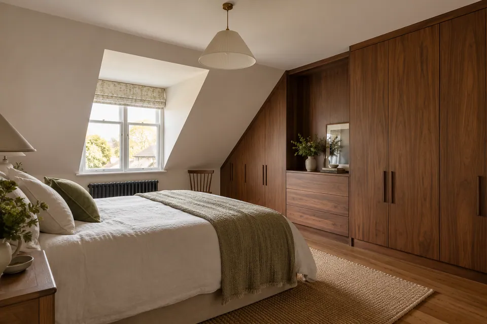 period bedroom with sloped ceiling and walnut storage
