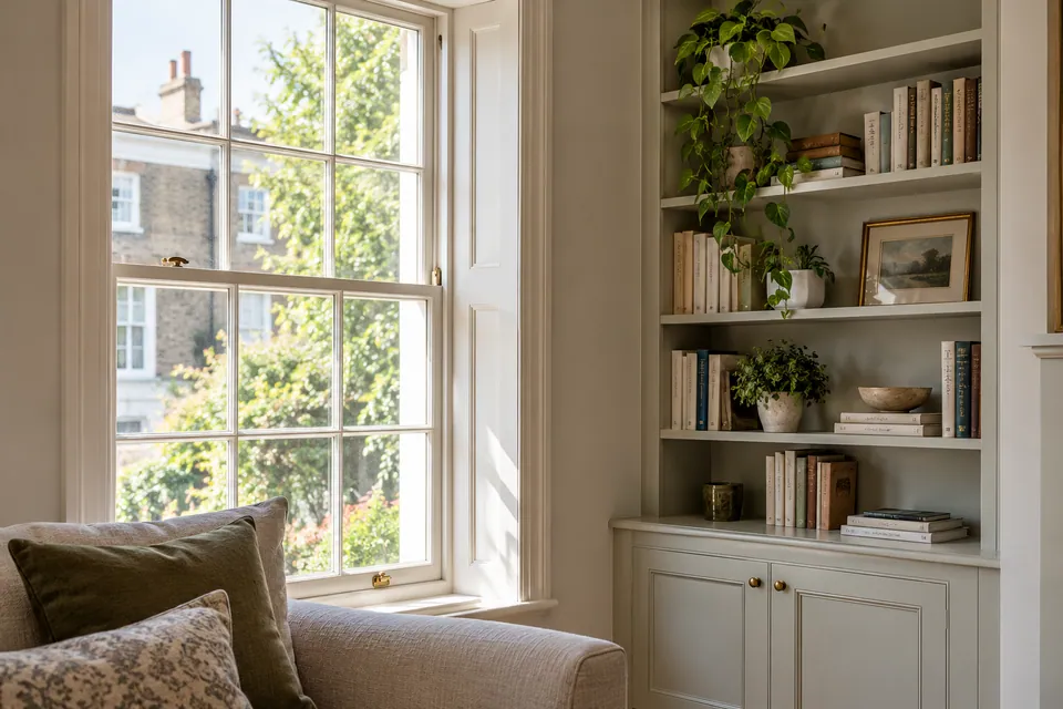 timber sash reveal and painted bookcase