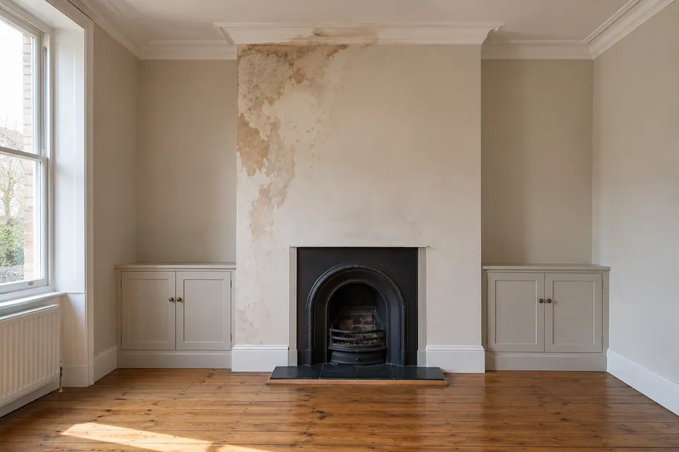 moisture stain at chimney breast in vacant room