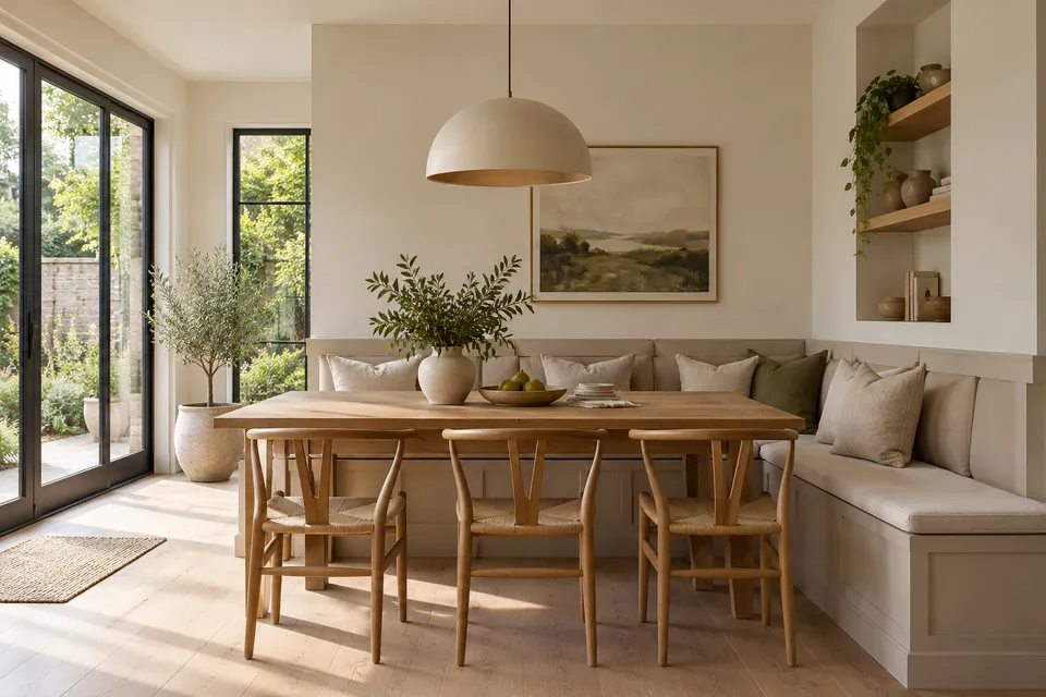 warm neutral dining room with fitted bench