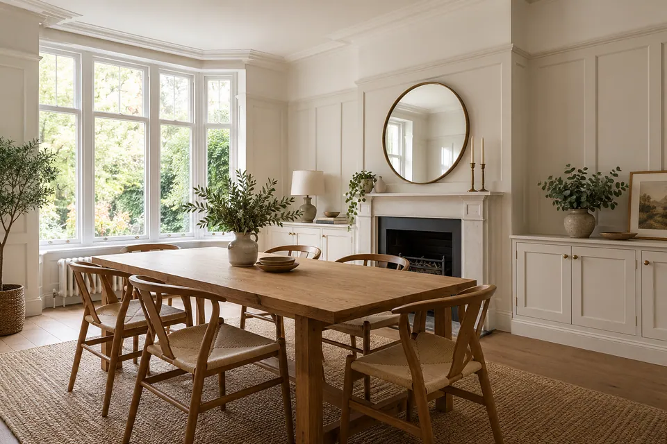 family dining room with warm white panelling and oak table