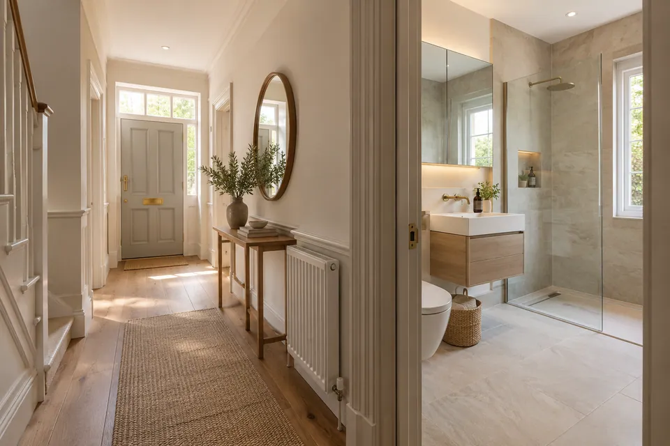 protected hall and organized bathroom materials