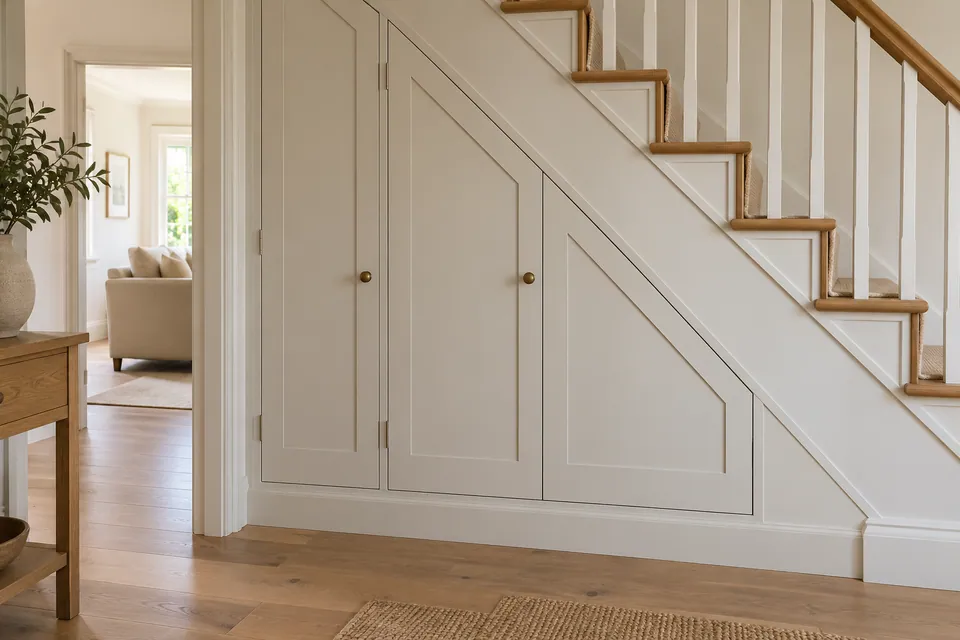 painted cupboard beneath stairs close detail