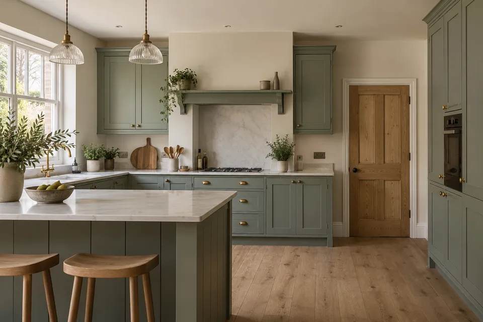 finished sage kitchen with retained timber door