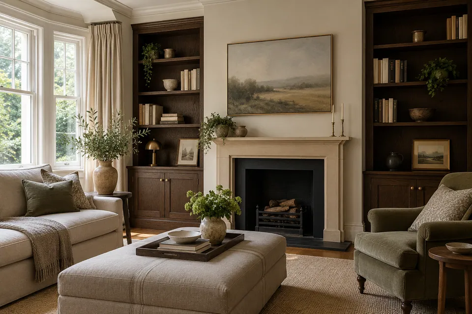 quiet period living room with dark oak shelves
