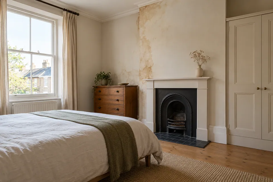 vacant bedroom with staining beside chimney