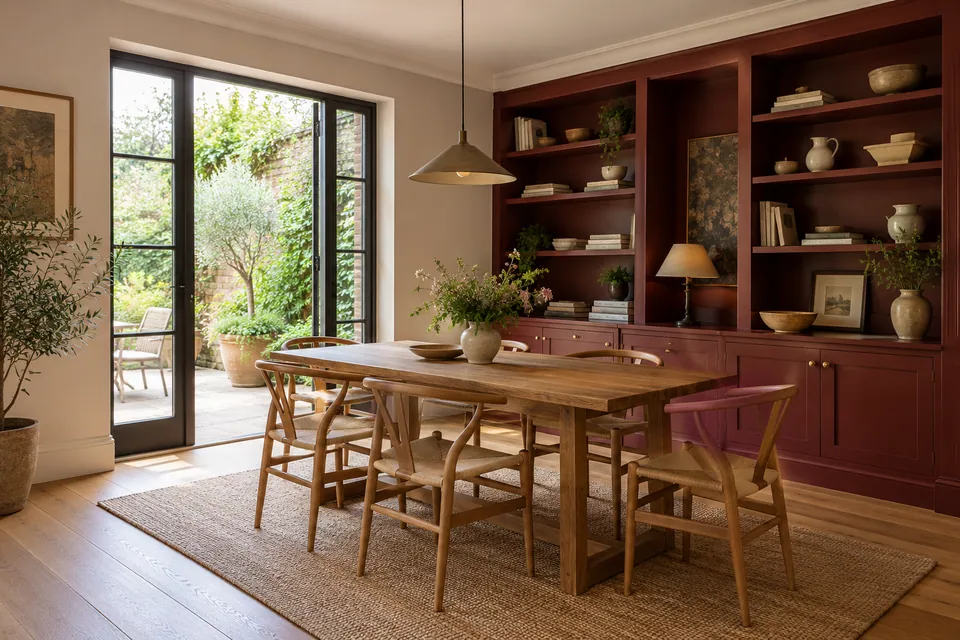 terrace dining room with deep red shelving and oak floor