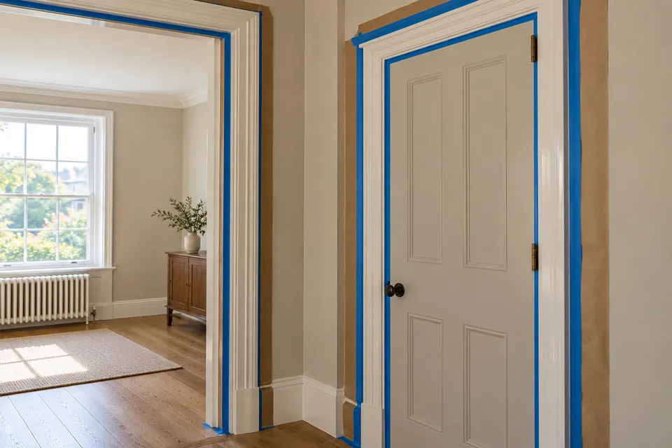door trim carefully masked for painting