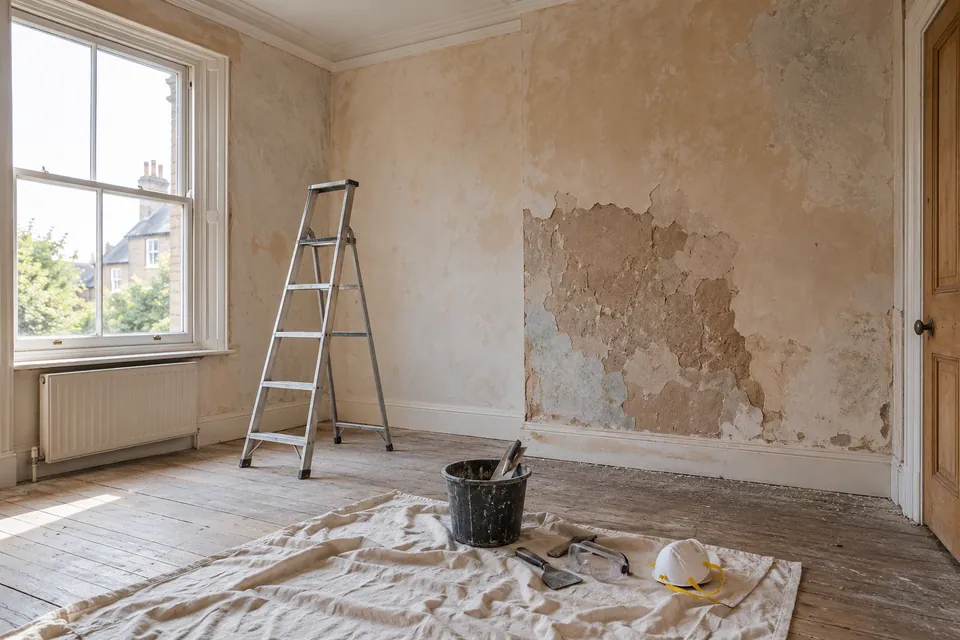 vacant room with damaged plaster and safe equipment