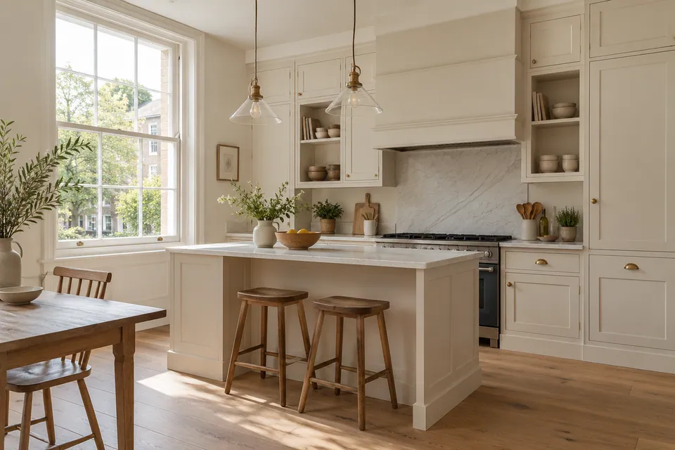 bright cream kitchen with retained sash