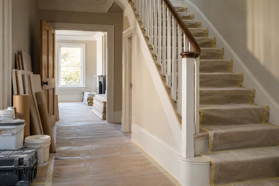 Protected staircase and neatly stored interior materials