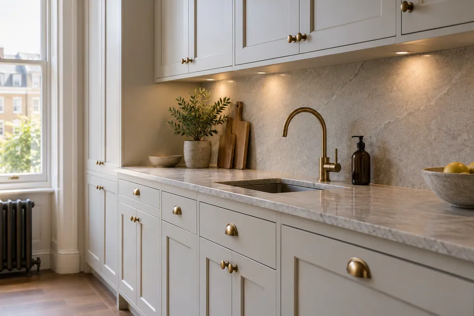 Aligned kitchen cabinetry and stone worktop detail