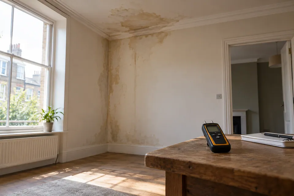 Moisture meter near dry plaster staining after a leak
