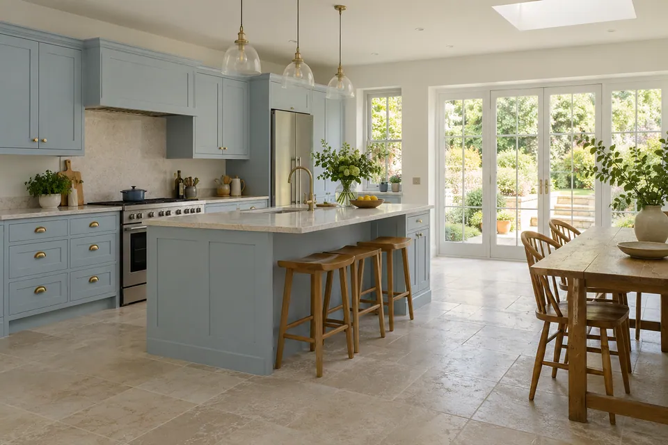 family kitchen with pale blue cabinets and limestone floor
