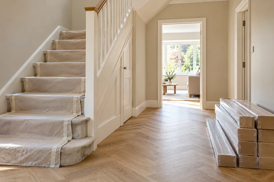 protected stairs beside packaged flooring
