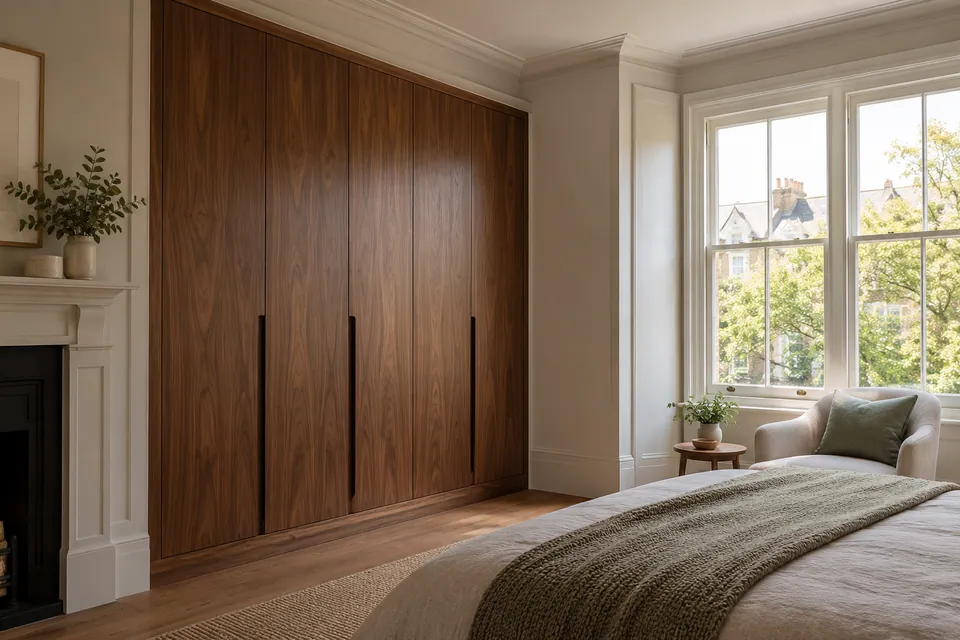 fitted walnut wardrobe and aligned painted trim
