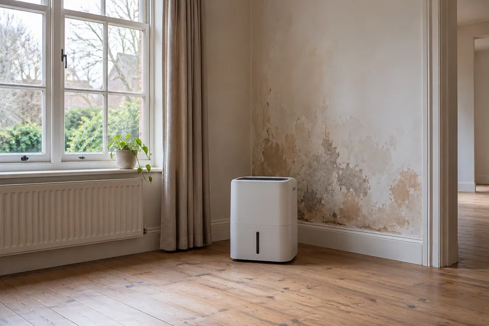 dehumidifier in vacant room with plaster staining