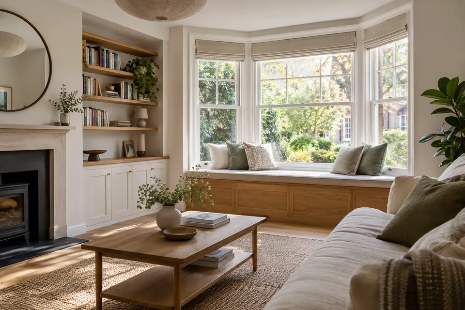 finished living room with oak window seat