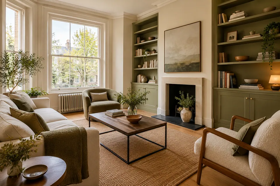 converted flat with olive shelves and warm cream walls