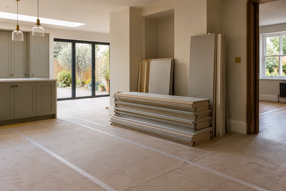 protected floor and stacked kitchen panels