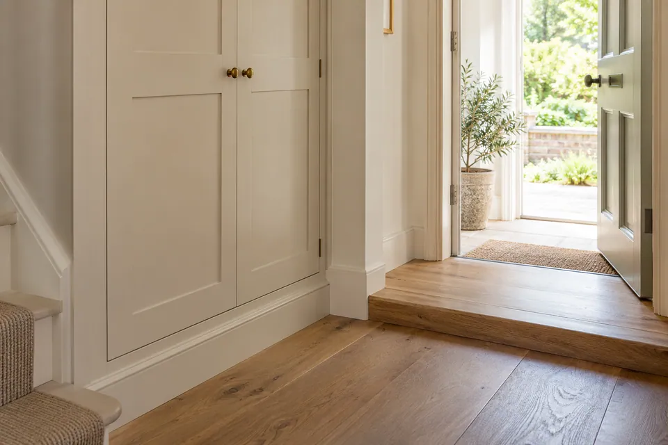 timber threshold beside fitted hallway cupboard