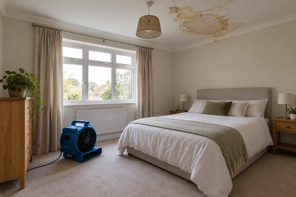 empty bedroom with drying fan and ceiling stain