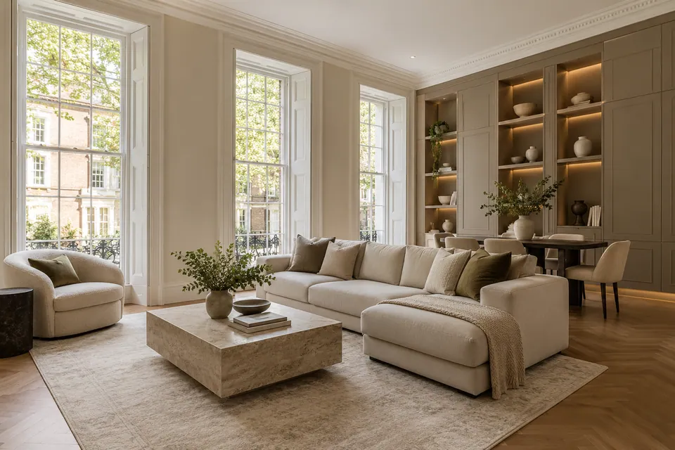 mansion apartment with tall windows and taupe fitted cabinetry
