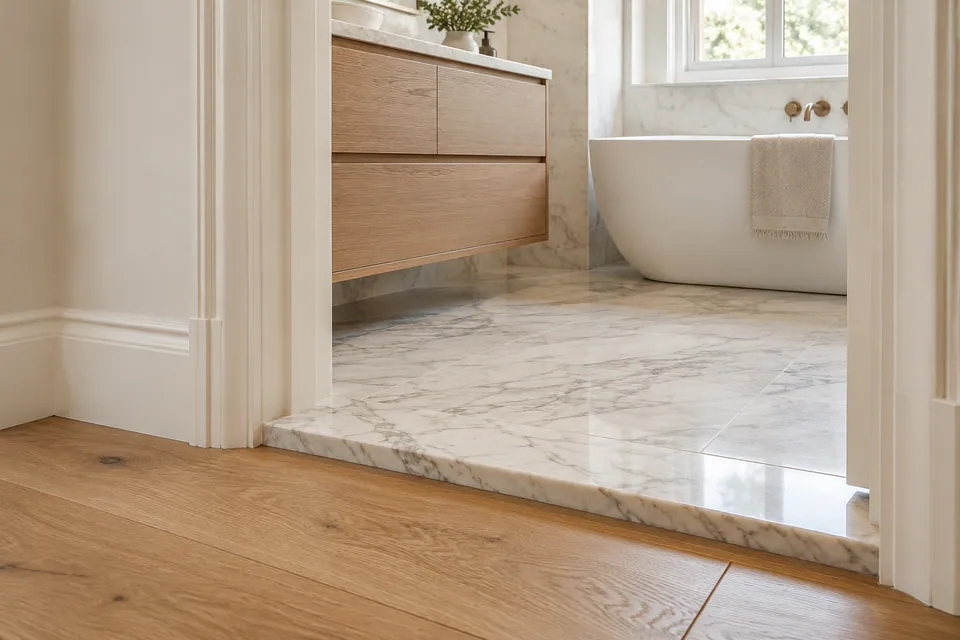 marble bathroom threshold and oak floor