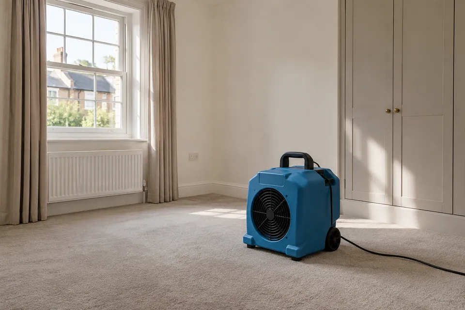 Portable air mover in an empty apartment room