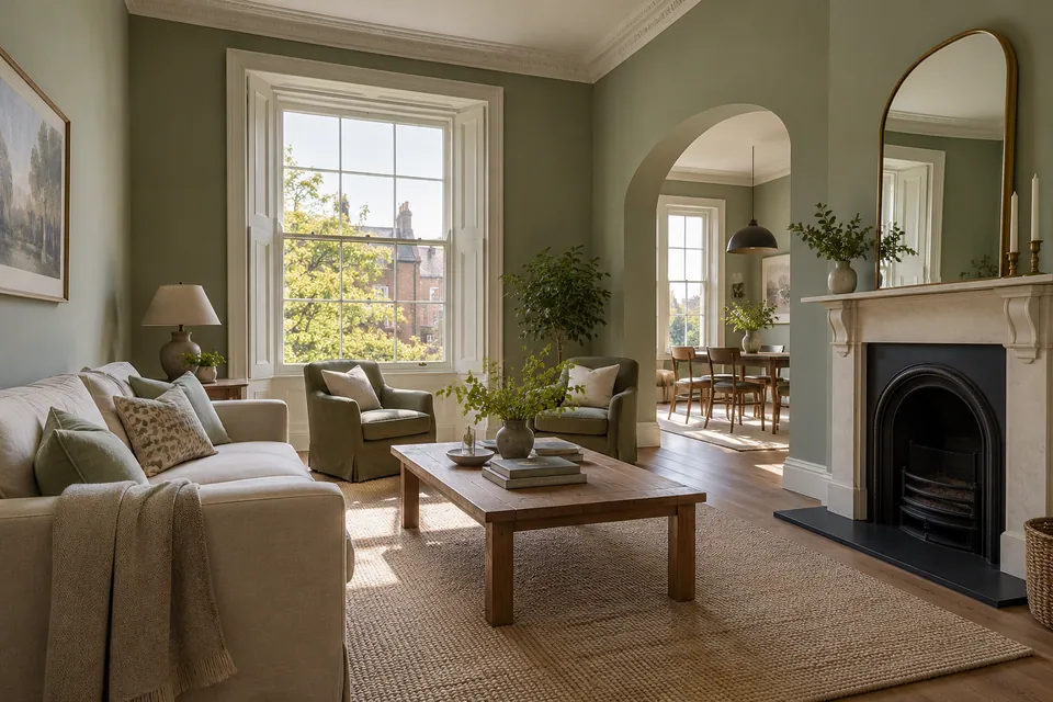tall sitting room with sage walls and arched opening