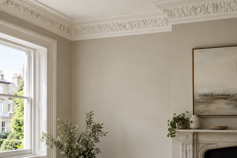 retained ornate cornice above fresh painted wall