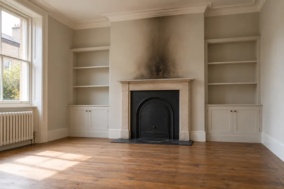 empty room with soot above closed fireplace