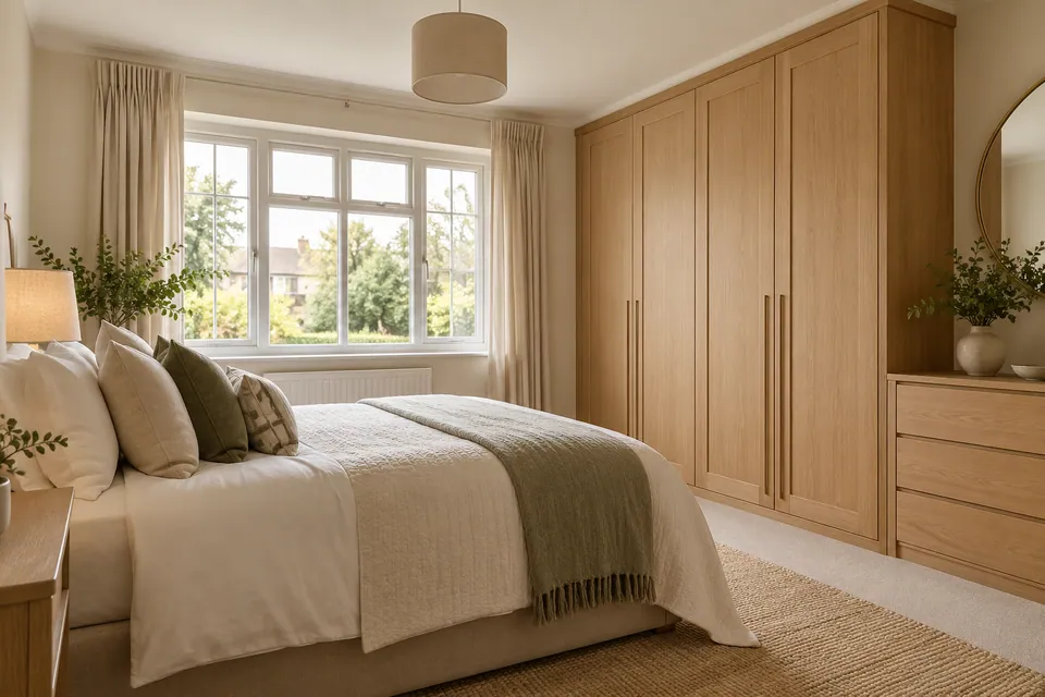 soft cream bedroom with oak wardrobe