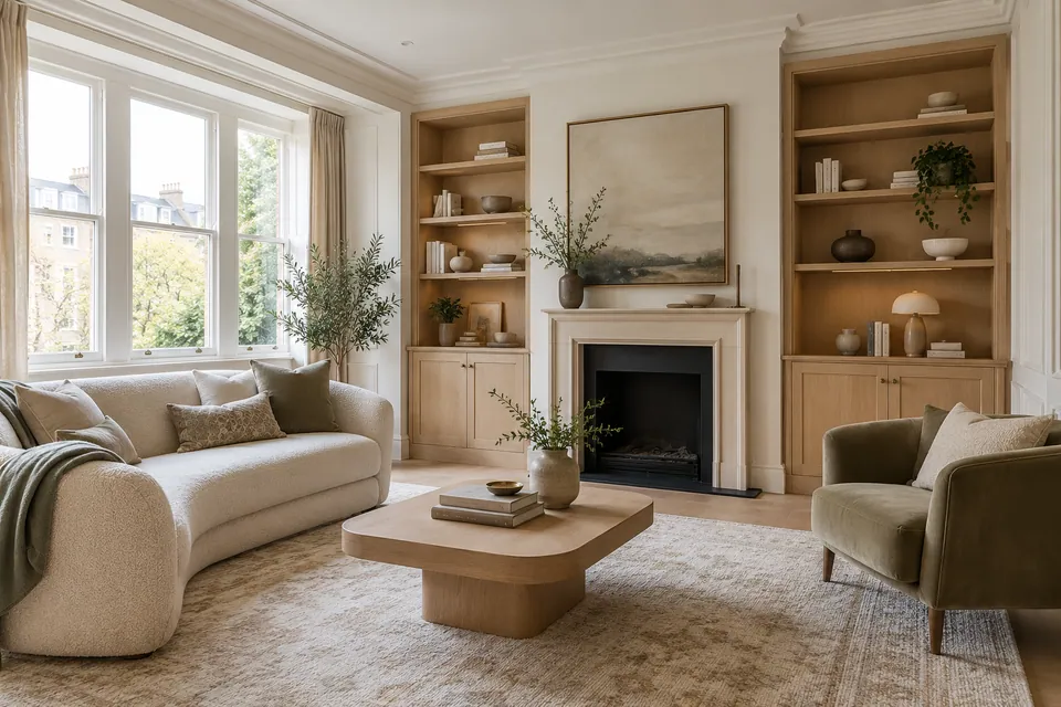 compact mansion-flat sitting room with pale wood cabinetry