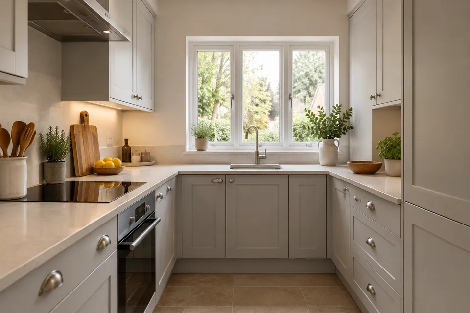 small kitchen with dove grey cabinetry