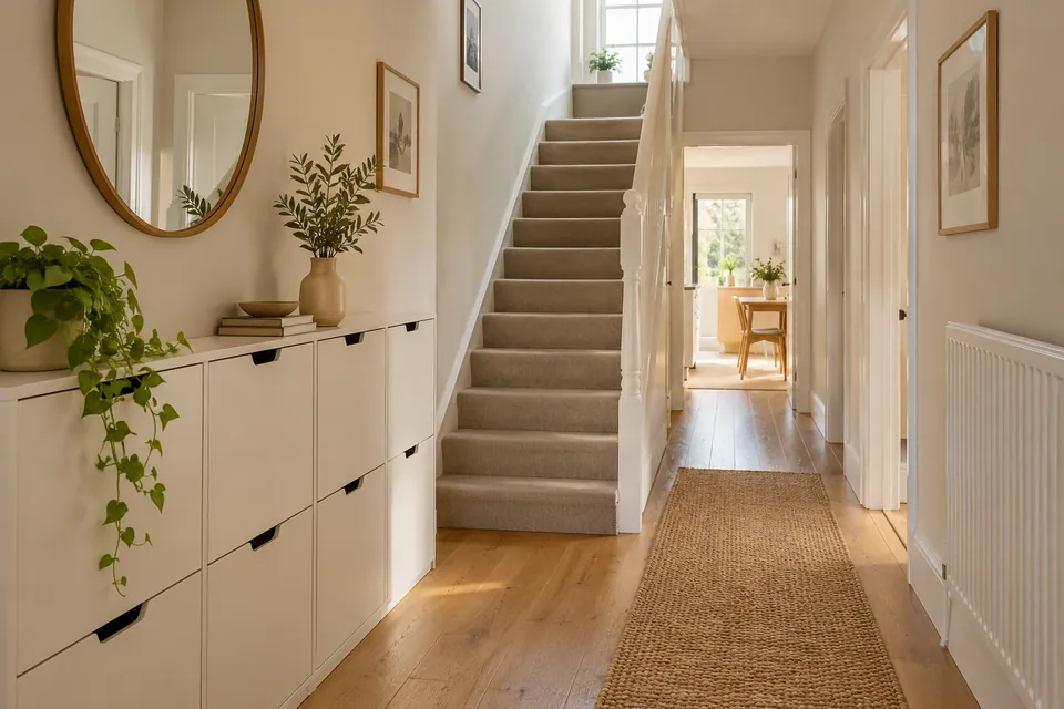 Hallway console beside a staircase