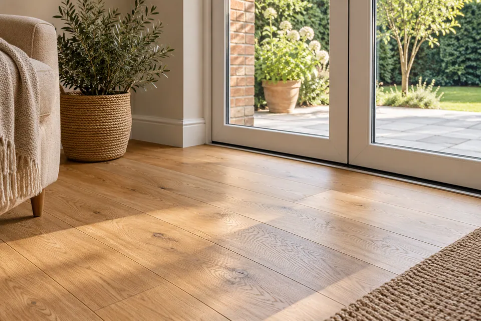 oak flooring beside patio door threshold