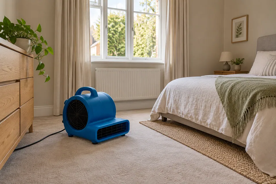 portable air mover in unoccupied bedroom
